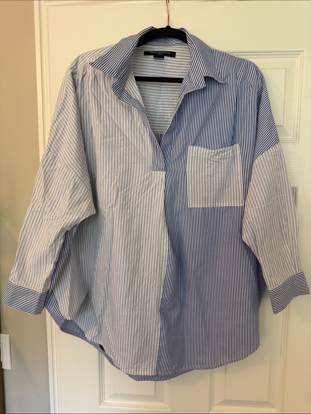 French Connection Blue and White Striped Button-Down Style Pullover Shirt